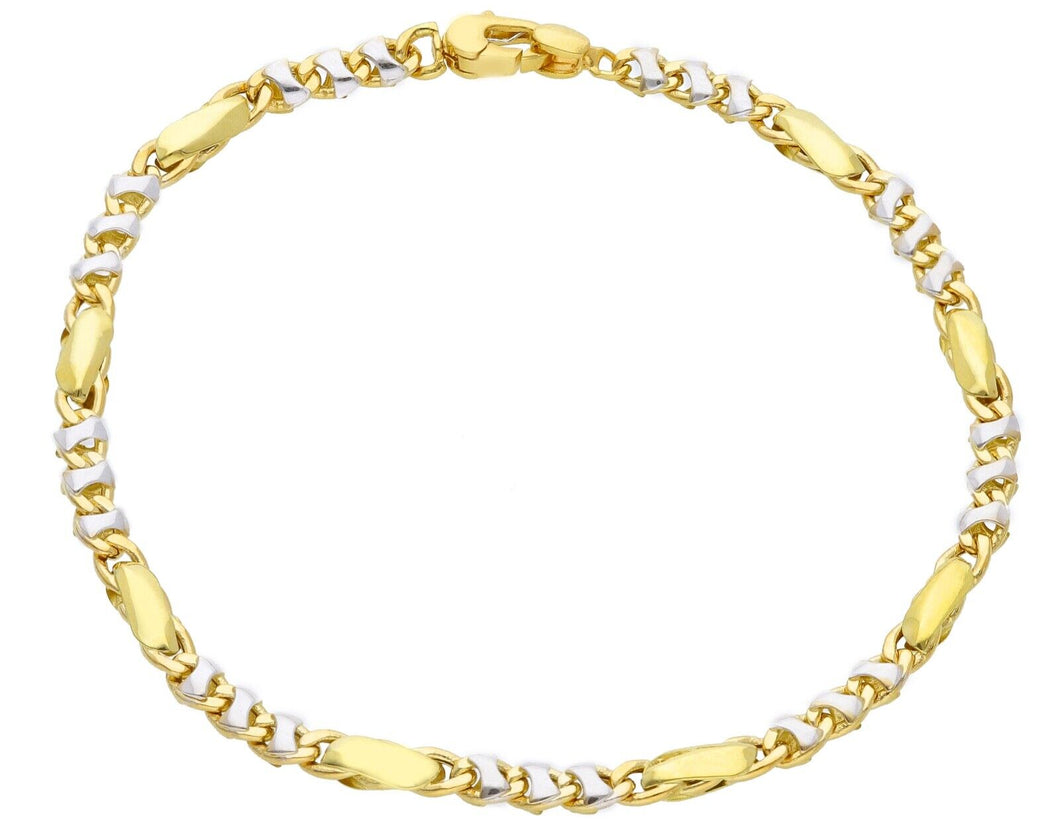 18K YELLOW WHITE GOLD CHAIN BRACELET 4mm ALTERNATE 3+1 ROUNDED OVALS, 8.3