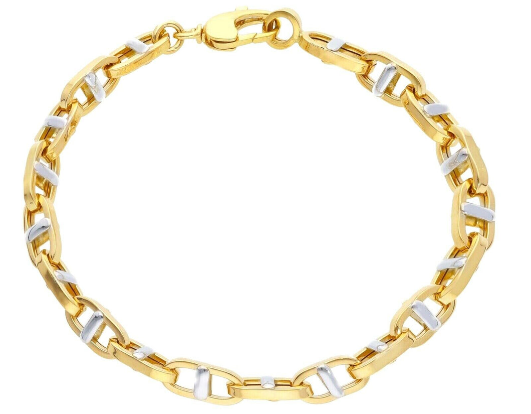 18K YELLOW WHITE GOLD BRACELET BIG ALTERNATE OVAL SQUARE MARINER ROUNDED LINK.