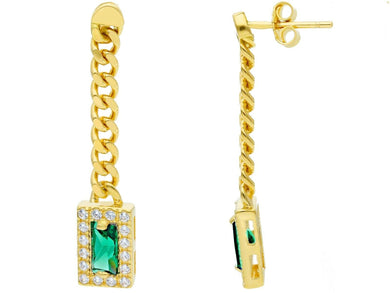 18K YELLOW GOLD PENDANT EARRINGS, GOURMETTE CUBAN CURB CHAIN, GREEN ZIRCONIA.