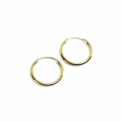 18K YELLOW GOLD ROUND CIRCLE HOOP SMALL EARRINGS DIAMETER 12.5mm x 1.2mm, ITALY.