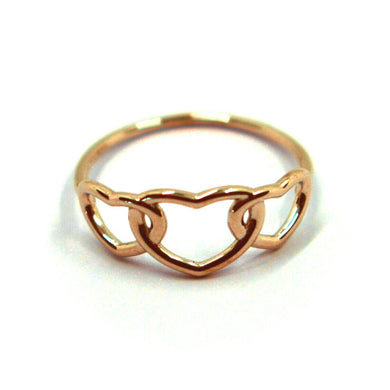 SOLID 18K ROSE GOLD BAND RING, THREE HEARTS, WIRE HEARTS TRILOGY, MADE IN ITALY.