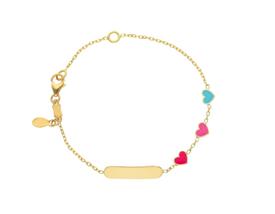 18k yellow gold kid child girl baby bracelet enamel 3 hearts, plate rolo chain.