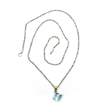 Load image into Gallery viewer, 18k white yellow gold square blue topaz emerald cut pendant rope chain necklace.
