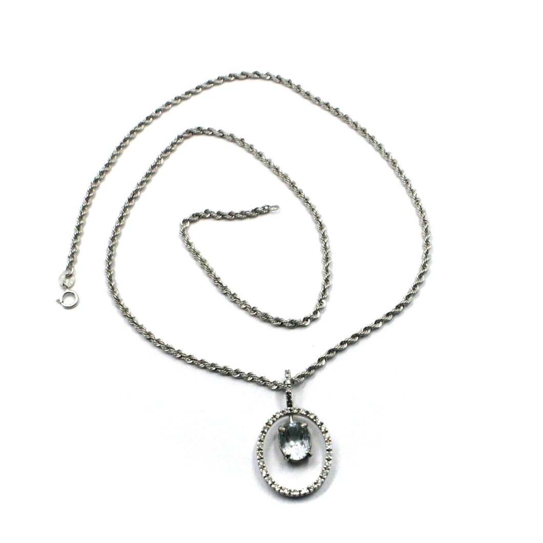 18k white gold oval aquamarine 1.80 ct oval diamonds pendant rope chain necklace.