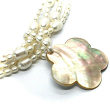 Load image into Gallery viewer, 18k yellow gold 4 wires multi strand necklace flower mother of pearl oval pearls.
