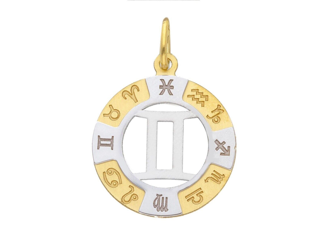 18k yellow white gold zodiac sign round 20mm medal pendant, zodiacal, gemini.