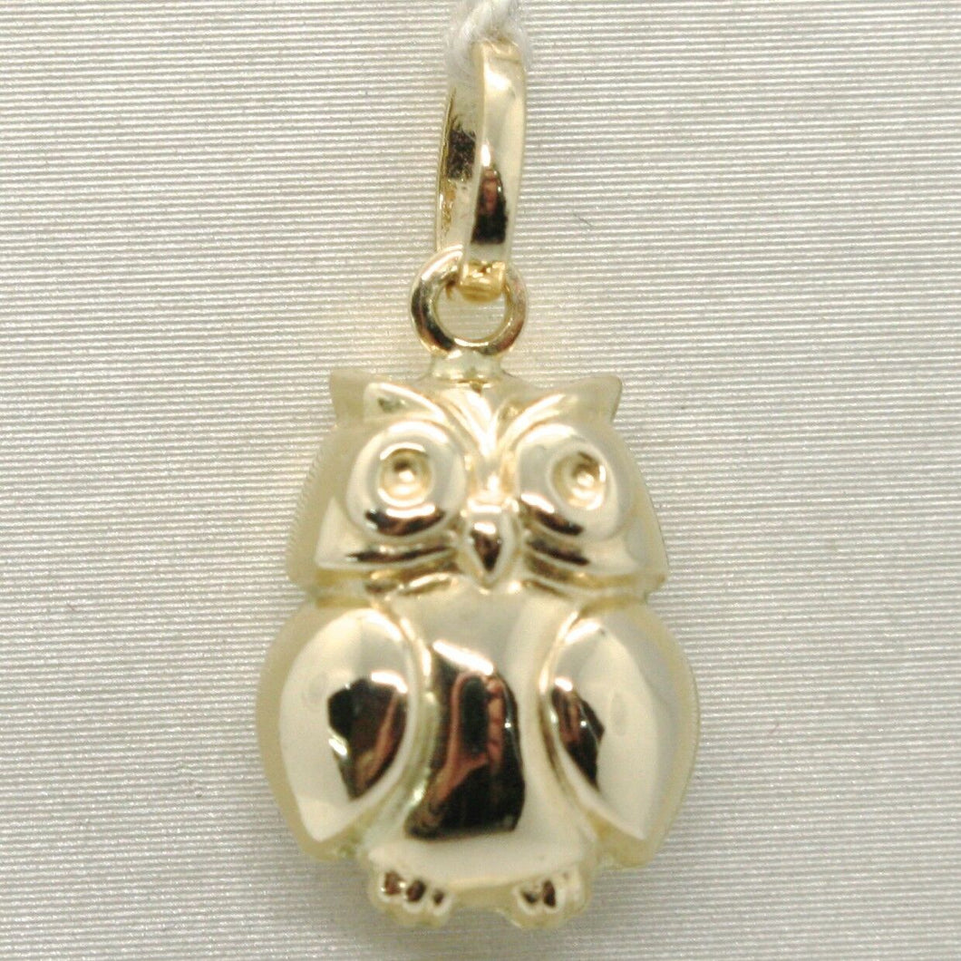 18K YELLOW GOLD ROUNDED LUCKY OWL PENDANT CHARM 22 MM SMOOTH MADE IN ITALY.