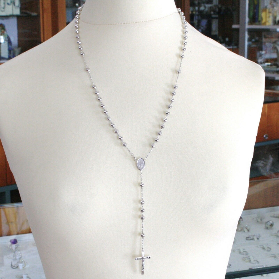 18k white gold big rosary necklace miraculous Mary medal & Jesus cross, 23 inch..