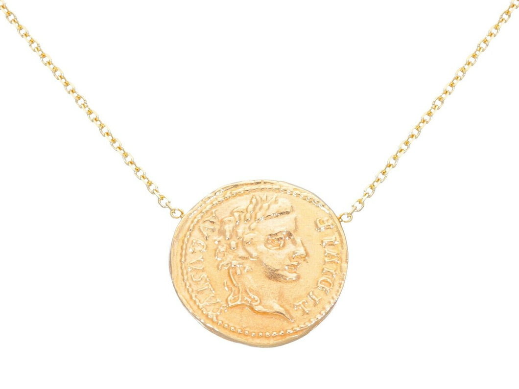18K YELLOW GOLD NECKLACE, ROMAN COIN, EMPEROR AUGUSTUS, ROLO CHAIN MADE IN ITALY