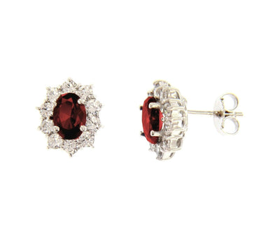 18k white gold flower earrings oval red crystal and cubic zirconia frame 13mm.