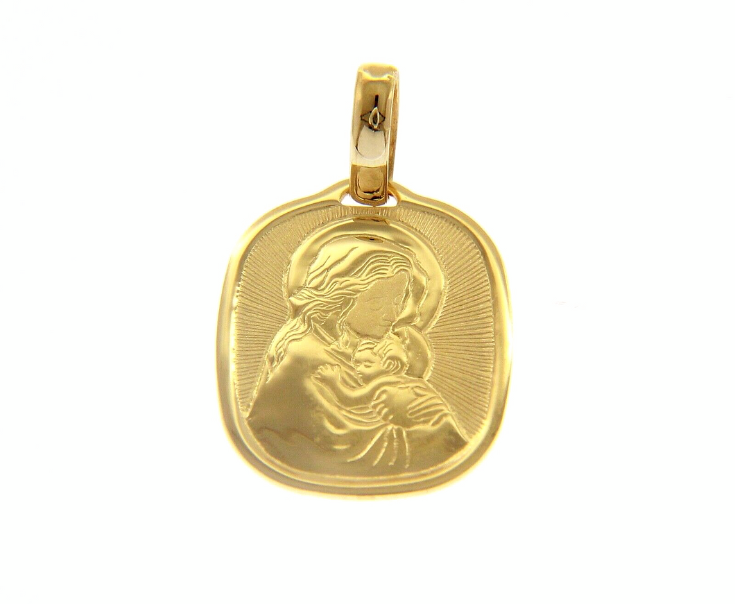 18K YELLOW GOLD PENDANT SQUARE VIRGIN MARY AND JESUS 20mm MEDAL ENGRAVABLE.