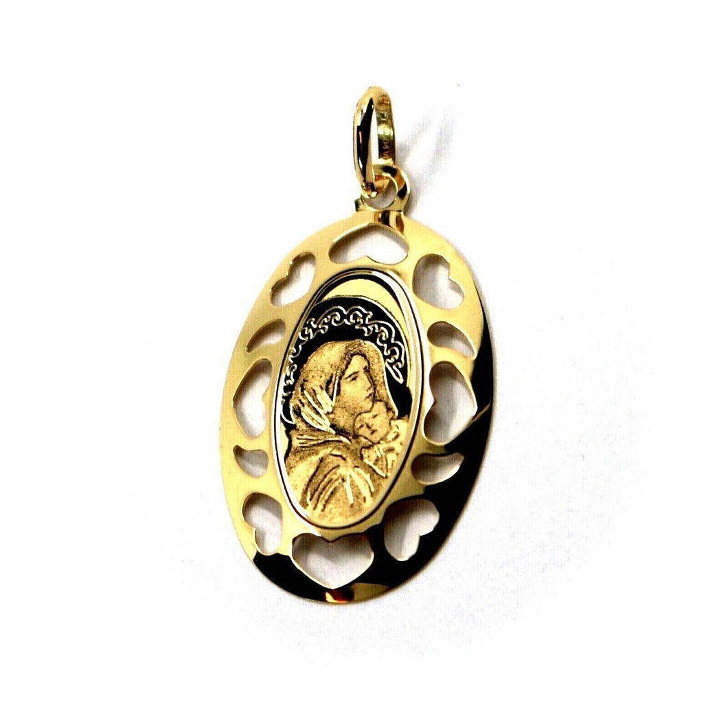 18K YELLOW GOLD OVAL MEDAL 15x23mm VIRGIN MARY MADONNA AND JESUS HEARTS FRAME.