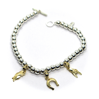 925 STERLING SILVER BALLS BRACELET, 9K YELLOW GOLD HORSESHOE, MANO CORNUTO, OWL.