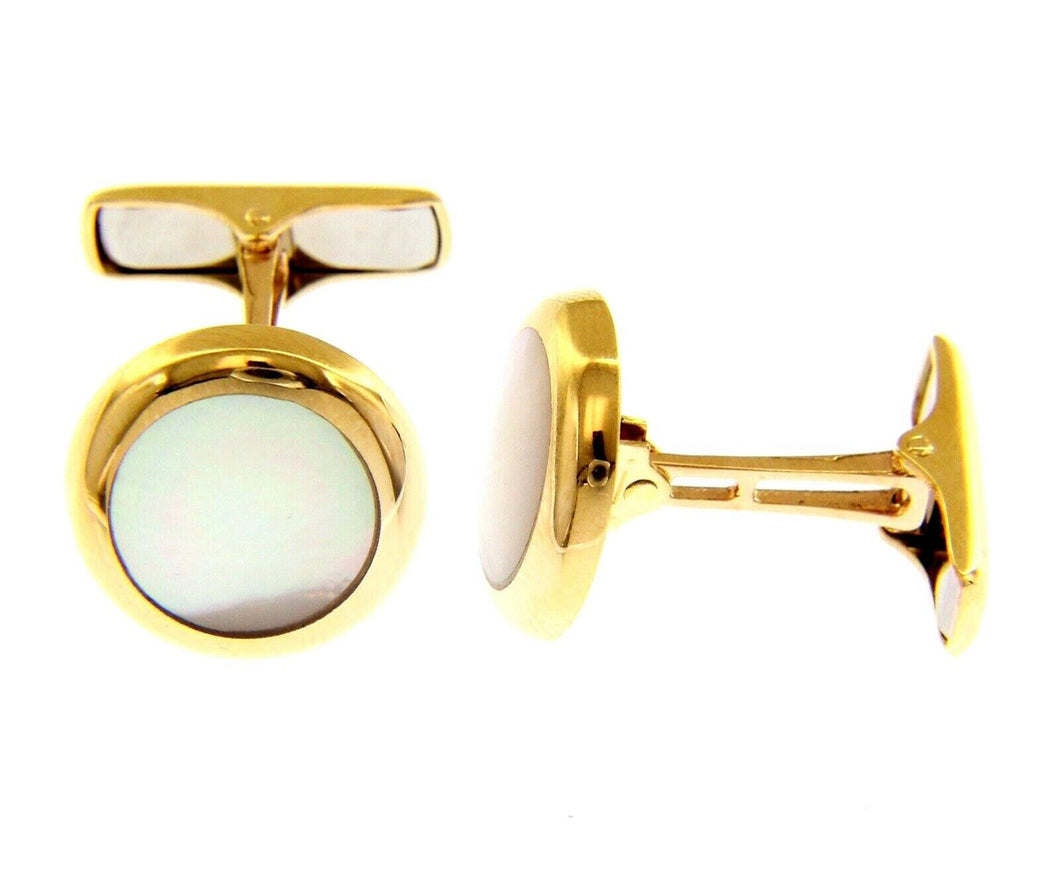 18k yellow gold cufflinks, round 15mm button with mother of pearl made in italy.