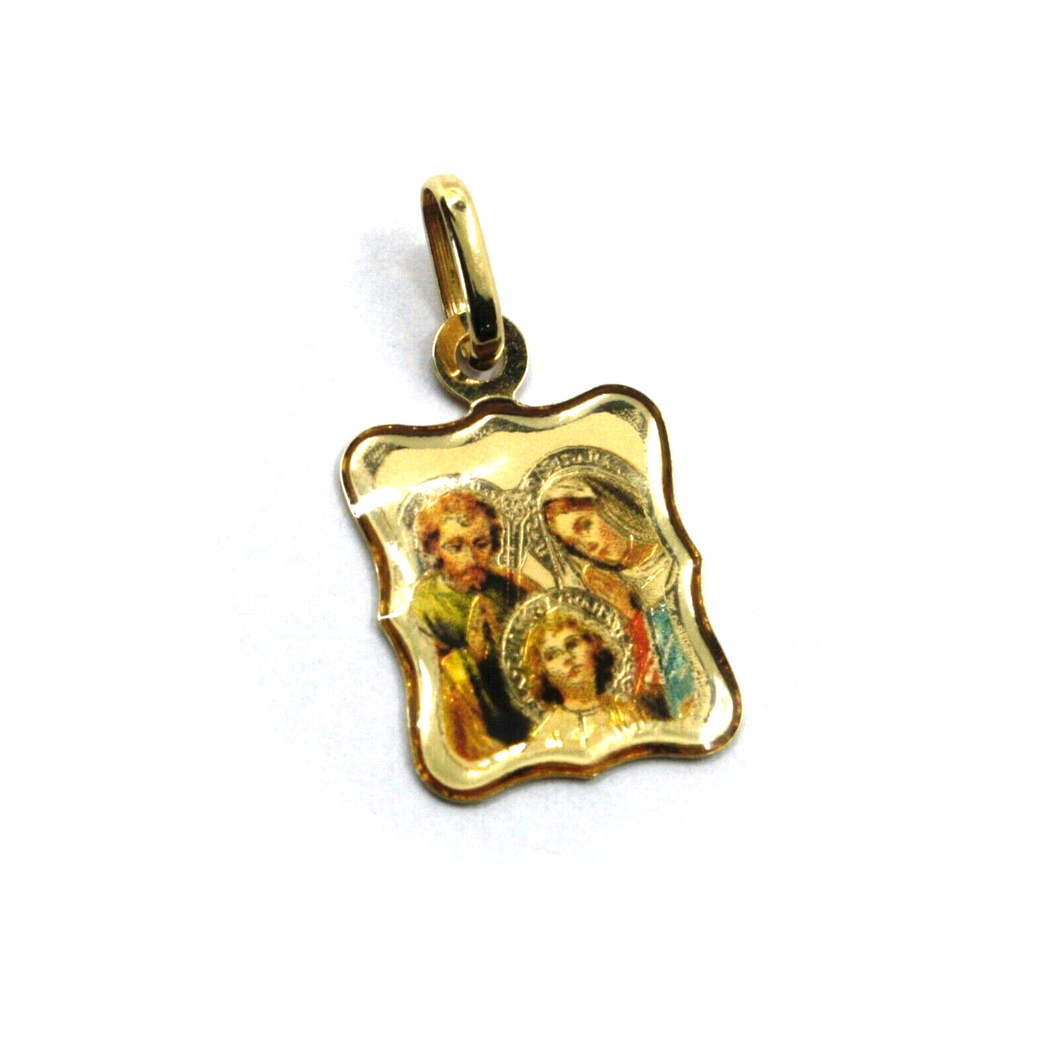 18K YELLOW GOLD MEDAL, LENGTH 16mm, HOLY FAMILY JESUS JOSEPH VIRGIN MARY ENAMEL.