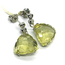 Load image into Gallery viewer, 18k white gold pendant earrings, diamond heart, big lemon quartz drop 16 carats
