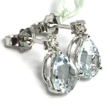 Load image into Gallery viewer, 18k white gold aquamarine earrings 2.00 carats, drop cut, diamonds, Italy made
