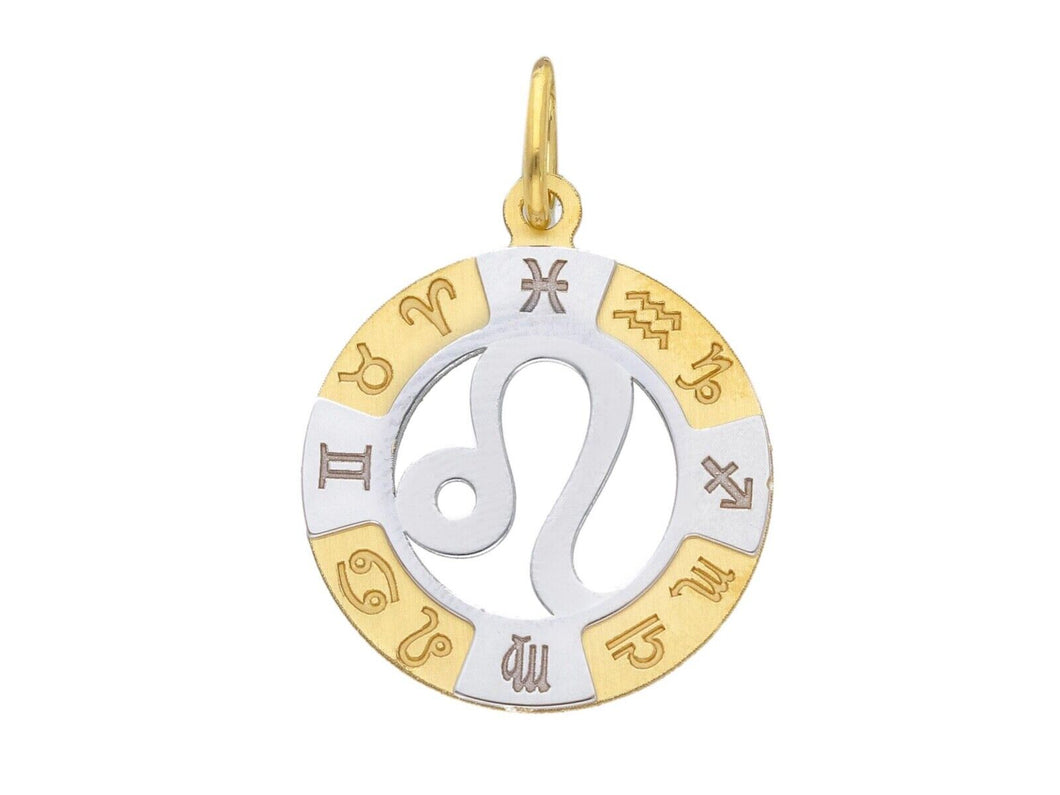 18k yellow white gold zodiac sign round 20mm medal pendant, zodiacal, leo.