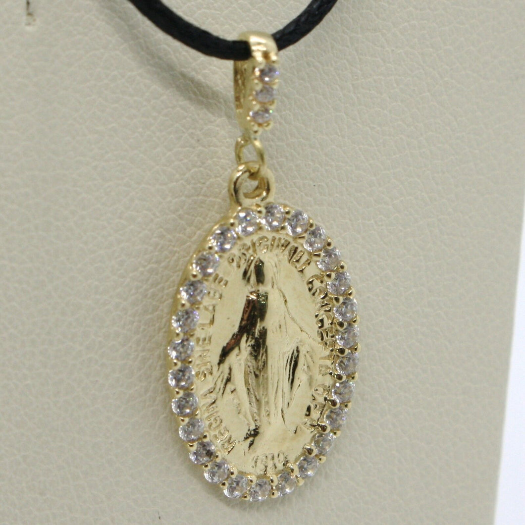 18K YELLOW GOLD ZIRCONIA MIRACULOUS MEDAL VIRGIN MARY MADONNA MADE IN ITALY.