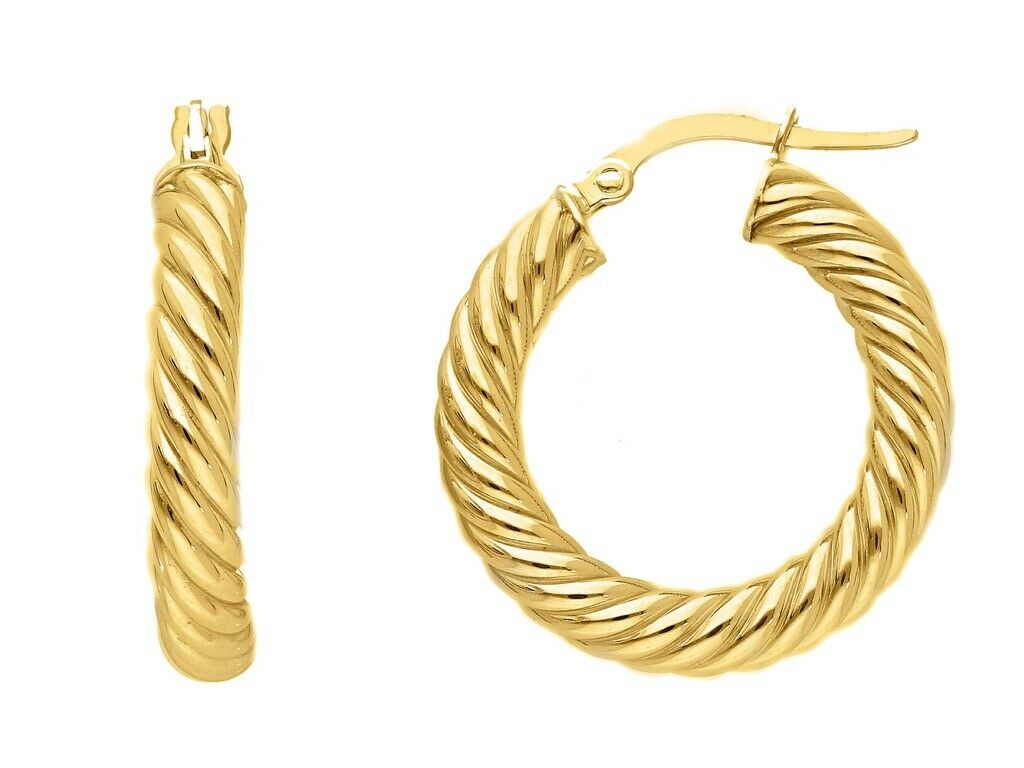 18K YELLOW GOLD HOOPS EARRINGS DIAMETER 20mm, TUBE 4mm STRIPED TWISTED BRAIDED