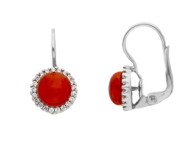 18K WHITE GOLD CABOCHON RED CORAL 20mm PENDANT EARRINGS, CUBIC ZIRCONIA FRAME.