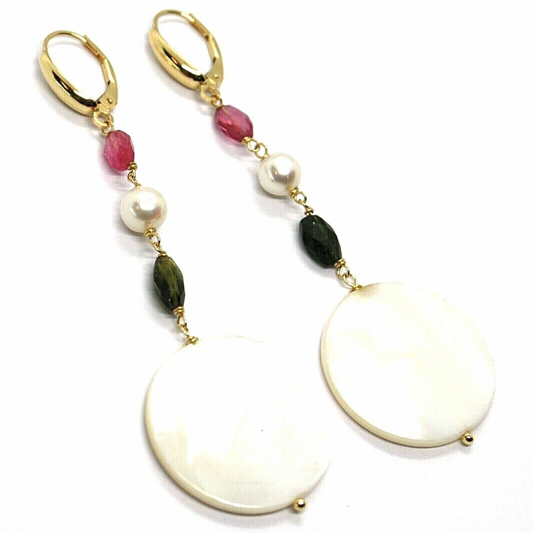 18k yellow gold pendant earrings, mother of pearl disc, green red tourmaline.