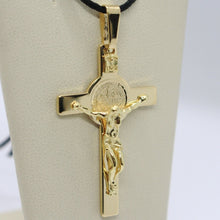 Load image into Gallery viewer, 18k yellow gold big cross with Jesus &amp; saint Benedict medal made in Italy, 44 mm.
