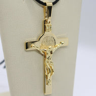 18k yellow gold big cross with Jesus & saint Benedict medal made in Italy, 44 mm.