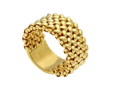 SOLID 18K YELLOW GOLD BAND FLEXIBLE RING OVAL ROUNDED CROSSED BRAIDED LINKS 12mm.