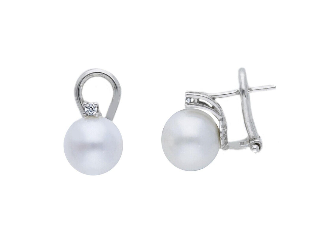 18k white gold clips earrings 8.5/9mm freshwater pearls and cubic zirconia.