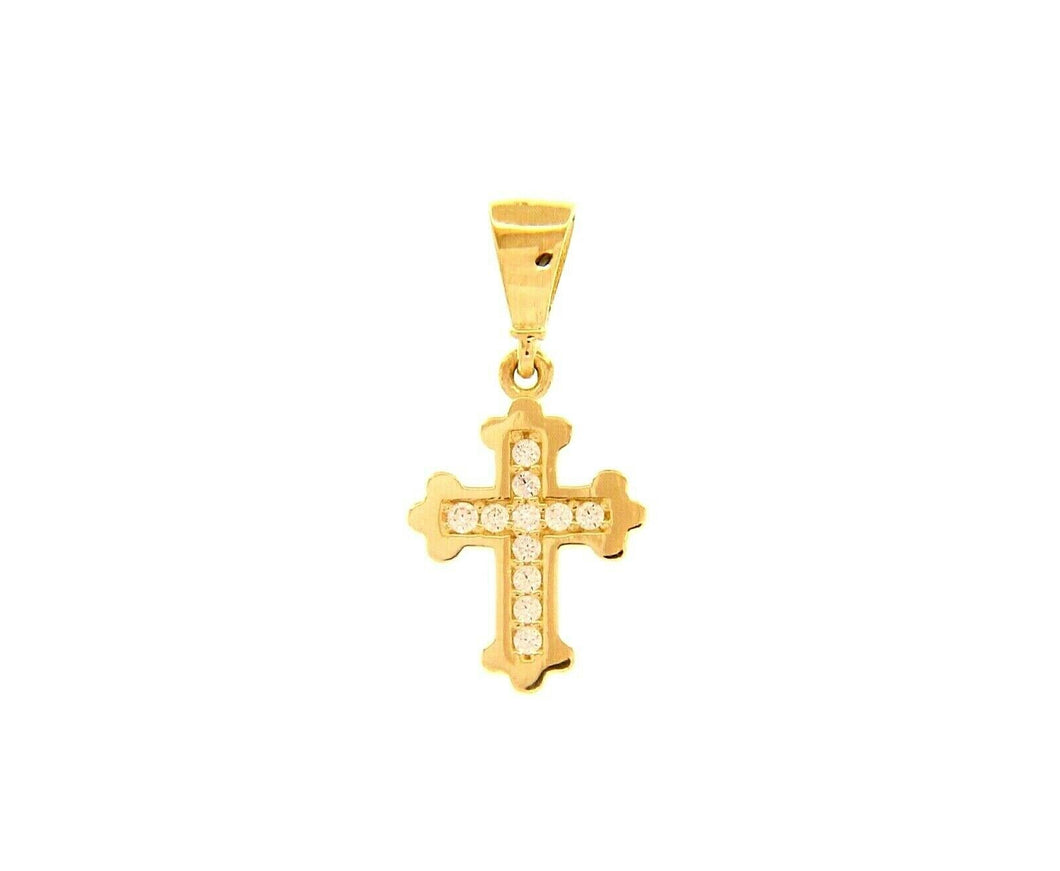 18K YELLOW GOLD SMALL 10mm TRILOBED CROSS WITH WHITE ROUND CUBIC ZIRCONIA