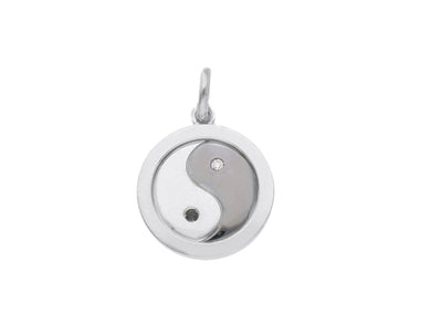 18K WHITE BLACK GOLD ROUND 14mm YIN YANG MEDAL PENDANT, BLACK WHITE DIAMONDS.