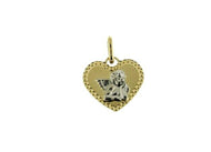 18K YELLOW WHITE GOLD MEDAL 14mm HEART PENDANT, GUARDIAN ANGEL, DOTTED FRAME.