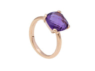 solid 18k rose gold four prongs ring with central big 10mm amethyst, cushion cut.