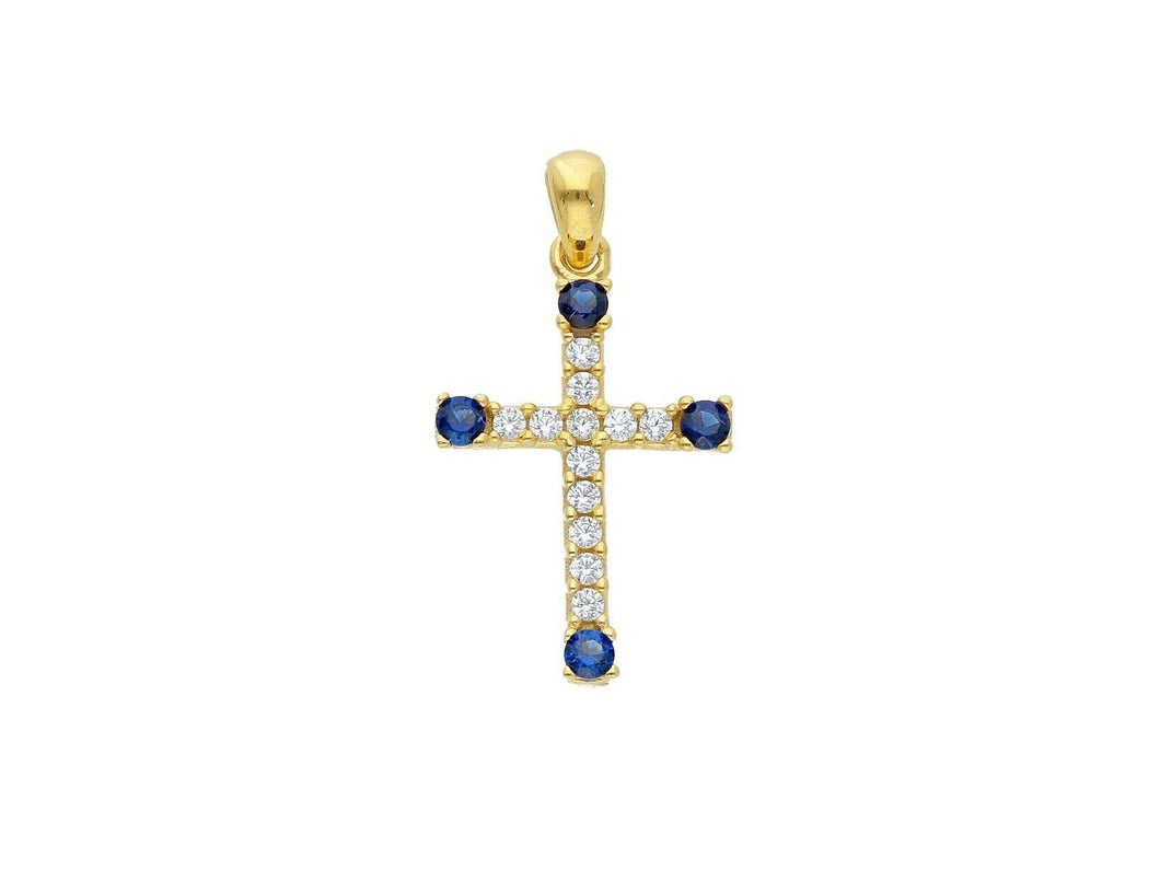 18K YELLOW GOLD SMALL 12mm CROSS WITH WHITE & BLUE ROUND CUBIC ZIRCONIA.