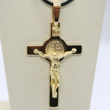 Load image into Gallery viewer, 18k yellow gold big cross with Jesus &amp; saint Benedict medal made in Italy, 44 mm.
