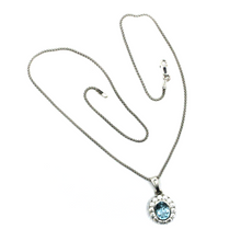 Load image into Gallery viewer, 18k white gold oval blue topaz zirconia flower pendant popcorn chain necklace.
