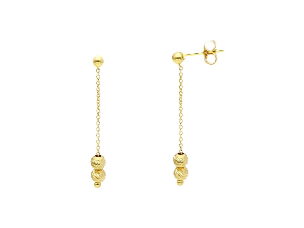 18K YELLOW GOLD PENDANT EARRINGS, 3mm WORKED SPHERES FACETED BALLS, LENGTH 35mm.