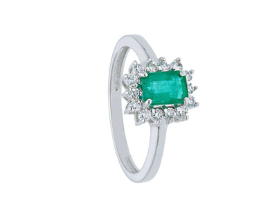18k white gold flower ring, diamonds 0.22 & rectangular emerald 0.70 Italy made.