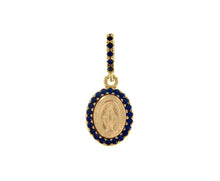 Load image into Gallery viewer, solid 18k yellow oval gold medal, Virgin Mary 12mm, miraculous with blue zirconia pendant.
