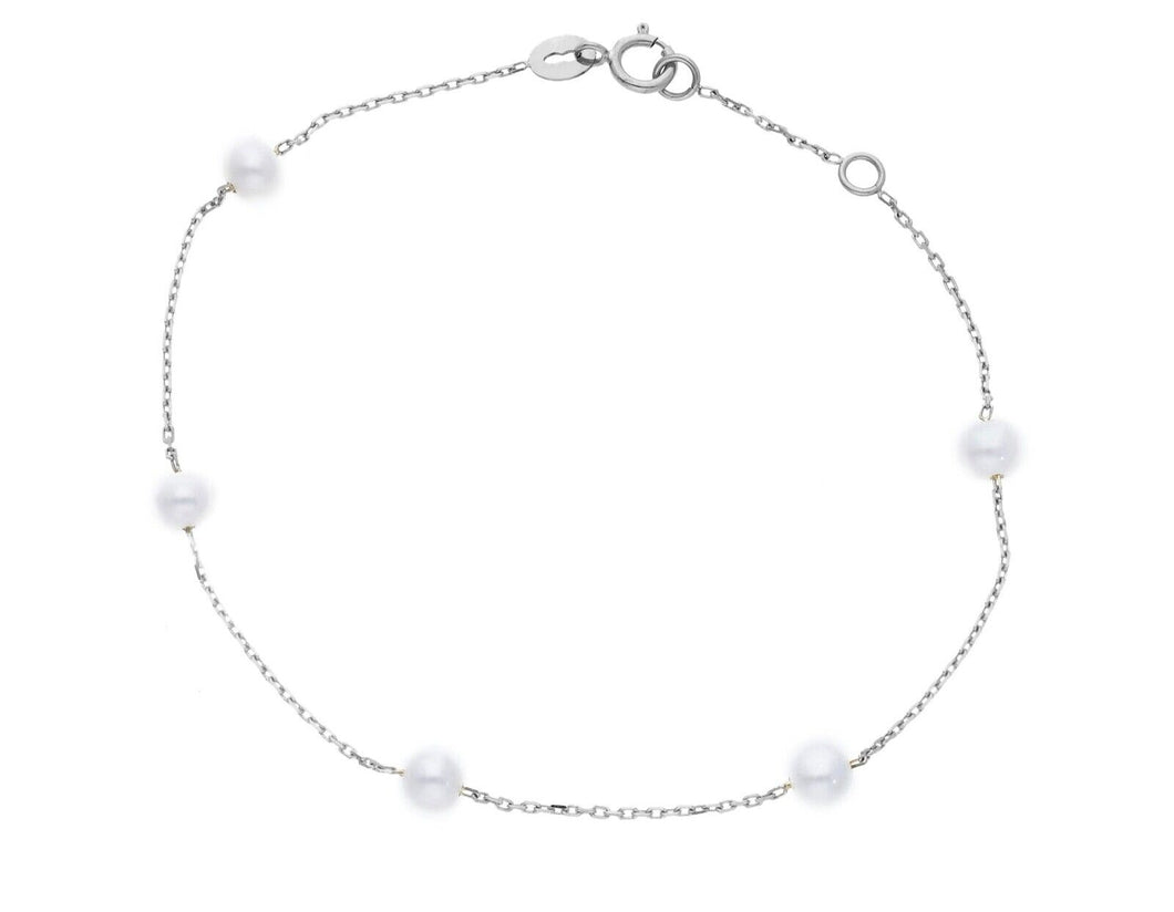 18k white gold bracelet, cable oval chain alternate white small pearls 4-4.5mm.