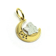 18K YELLOW WHITE GOLD MEDAL 13mm MOON PENDANT, GUARDIAN ANGEL, STARS.