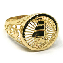 Load image into Gallery viewer, 18k yellow gold band man ring, sailing clipper ship finely worked, rays, disc
