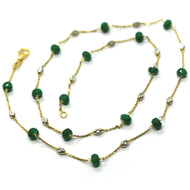 18k yellow gold necklace, 4mm green emerald & 3mm faceted white balls, 20