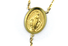 Load image into Gallery viewer, 18k yellow gold rosary necklace miraculous medal Jesus Cross diamond cut spheres.
