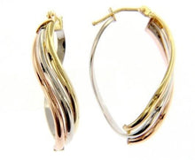 Load image into Gallery viewer, 18K YELLOW WHITE ROSE GOLD OVAL HOOP WAVE EARRINGS SIZE 32 x 13 MM MADE IN ITALY.
