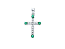 Load image into Gallery viewer, 18K WHITE GOLD SMALL 12mm CROSS WITH WHITE &amp; GREEN ROUND CUBIC ZIRCONIA.
