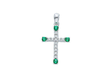 18K WHITE GOLD SMALL 12mm CROSS WITH WHITE & GREEN ROUND CUBIC ZIRCONIA.