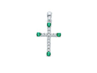 18K WHITE GOLD SMALL 12mm CROSS WITH WHITE & GREEN ROUND CUBIC ZIRCONIA.