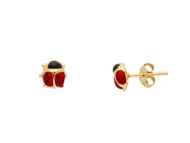 18k yellow gold small puffed 6mm ladybug stud enamel earrings, butterfly closure.
